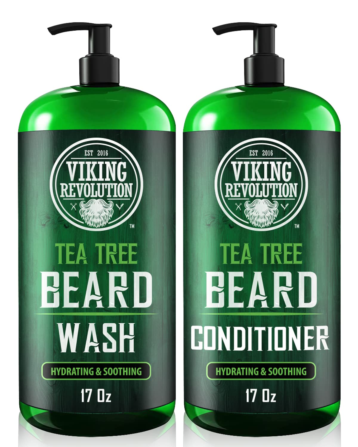 Viking Revolution Tea Tree Oil Beard Wash And Beard Conditioner For Men - Natural Beard Softener Set With Argan Oil, Vitamin E And Ginseng - Beard Shampoo And Conditioner Set (17 Oz)