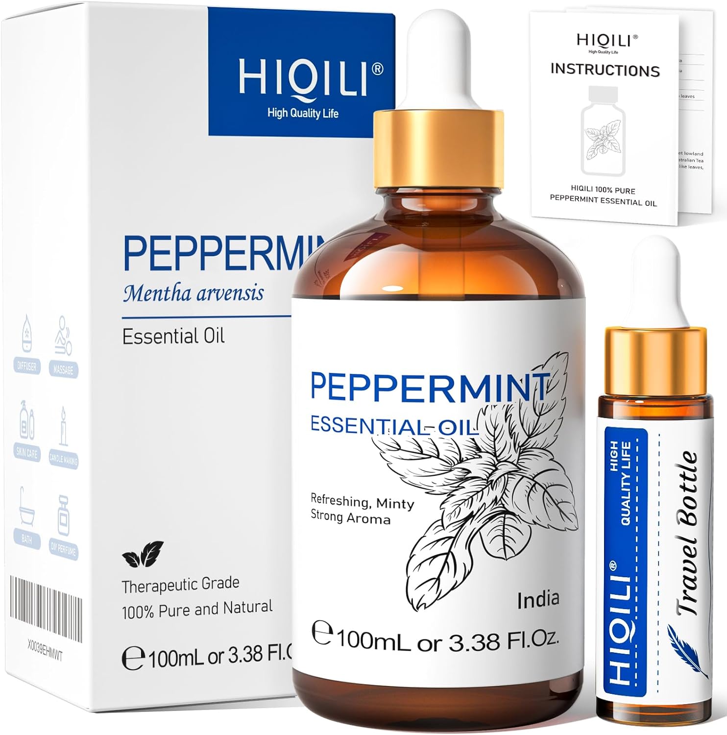 HIQILI Peppermint Essential Oil, 100% Pure Natural for Diffuser, Hair, Massage, Add to Spray, Shampoo, Conditioner, Massage Oil - 3.38 Fl. Oz