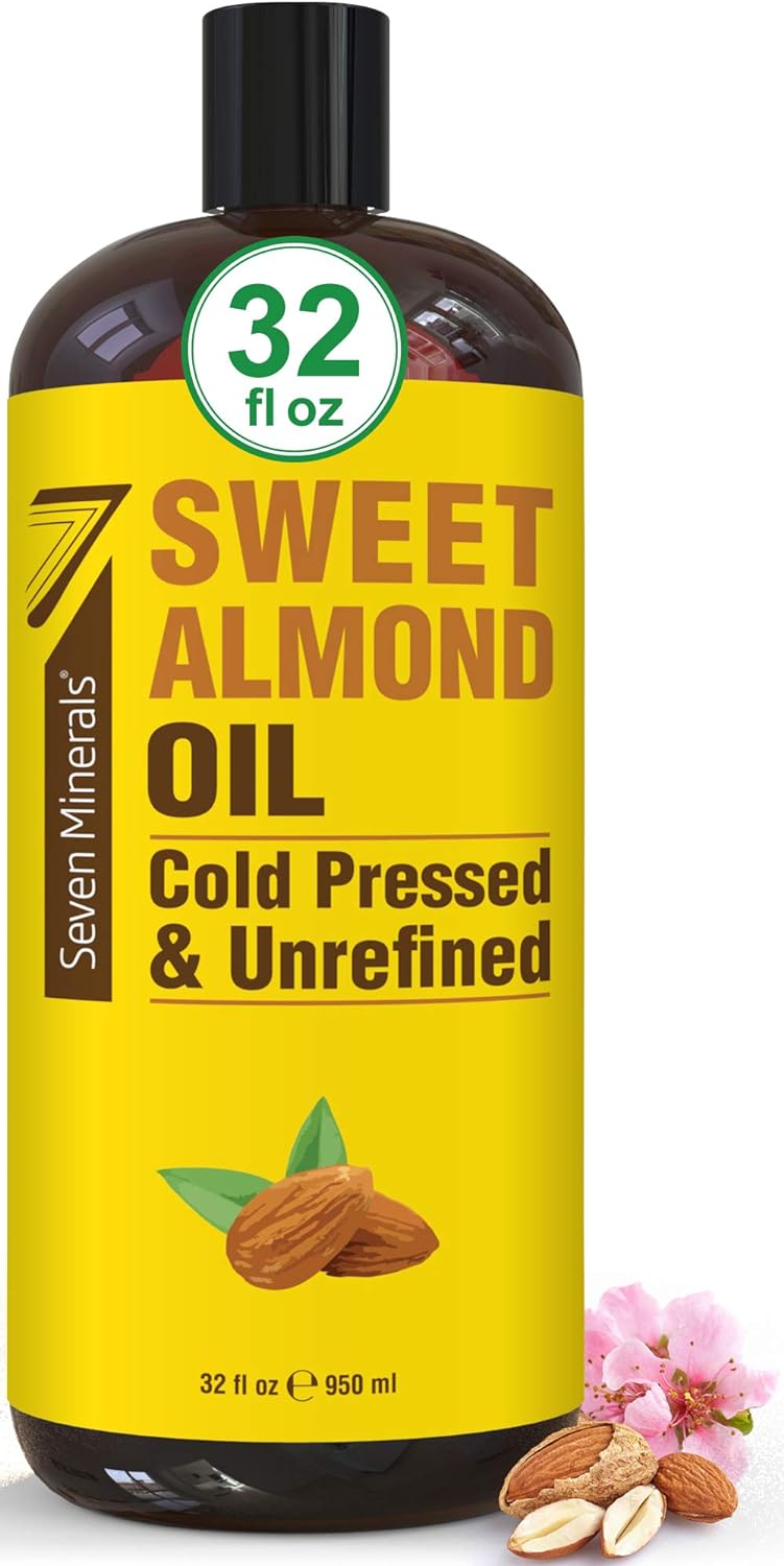 Seven Minerals, Pure Cold Pressed Sweet Almond Oil - Big 32 Fl Oz Bottle - Unrefined &100% Natural - For Skin & Hair, With No Added Ingredients - Perfect Carrier Oil For Essential Oils