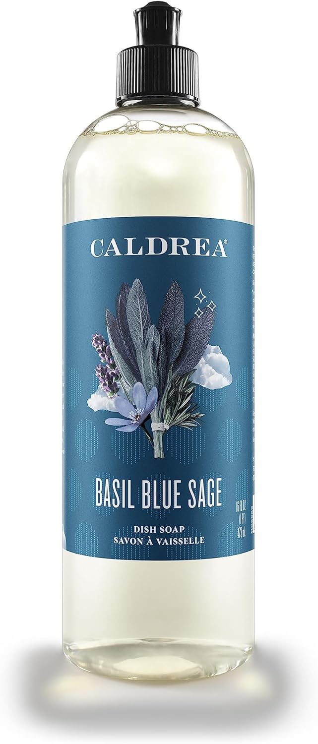 Caldrea Dish Soap, Biodegradable Dishwashing Liquid made with Soap Bark and Aloe Vera, Basil Blue Sage Scent, 16 oz