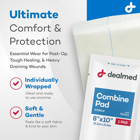 Dealmed Abdominal Combine Pads | Individually Wrapped, Absorbent, Latex-Free, Non Adherent | Abdominal Pads For Wound Care, Drainage, First Aid Kit | Sterile Abd Pads 8X10 In | 24/Box (Pack Of 1)