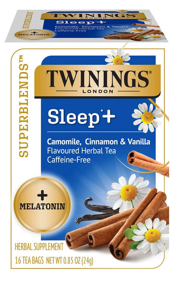 Twinings Superblends Sleep+ Herbal Tea with Melatonin Camomile, Cinnamon & Vanilla, Caffeine-Free, 16 Tea Bags (Pack of 6), Enjoy Hot or Iced