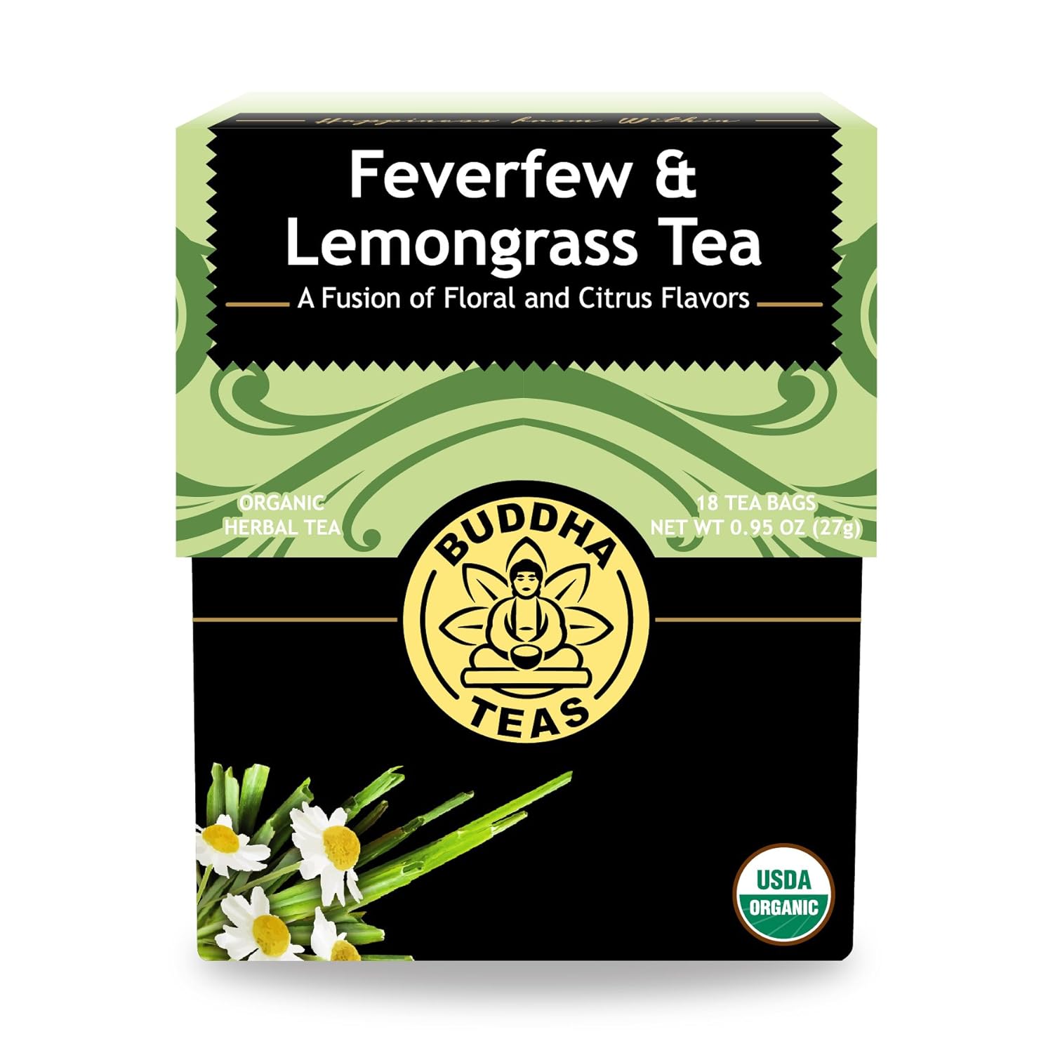 Buddha Teas - Feverfew & Lemongrass - Organic Herbal Tea - For Cognitive Balance & Overall Health - With Essential Minerals & Vitamins - Caffeine Free - 100% Kosher & Non-Gmo - 18 Tea Bags (Pack Of 1)