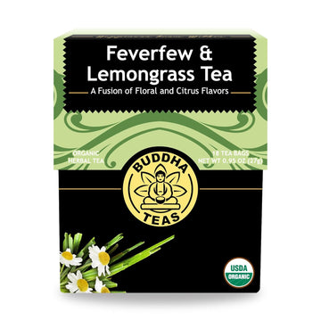 Buddha Teas - Feverfew & Lemongrass - Organic Herbal Tea - For Cognitive Balance & Overall Health - With Essential Minerals & Vitamins - Caffeine Free - 100% Kosher & Non-Gmo - 18 Tea Bags (Pack Of 1)