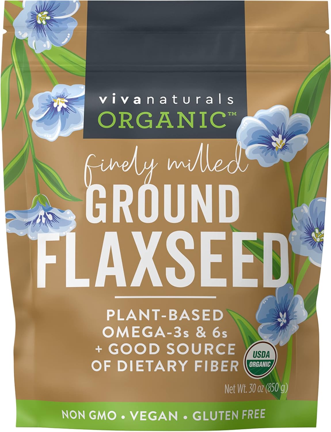 Viva Naturals Organic Ground Flaxseed - Premium Quality Plant-Based Protein And Vegan Omega 3 With Fiber, Perfect For Smoothies, Finely Milled Flaxseed 30 Oz (850 G)