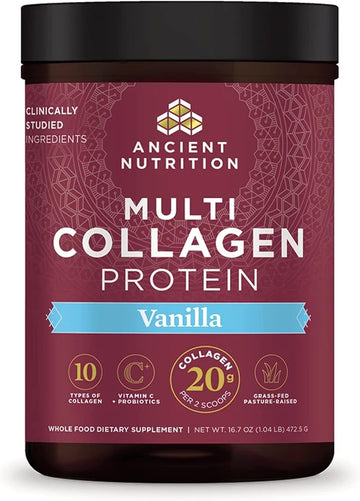 Ancient Nutrition Hydrolyzed Collagen Peptides Powder With Probiotics, Vanilla Multi Collagen Protein For Women And Men With Vitamin C, 45 Servings, Supports Skin And Nails, Gut Health, 16.7Oz