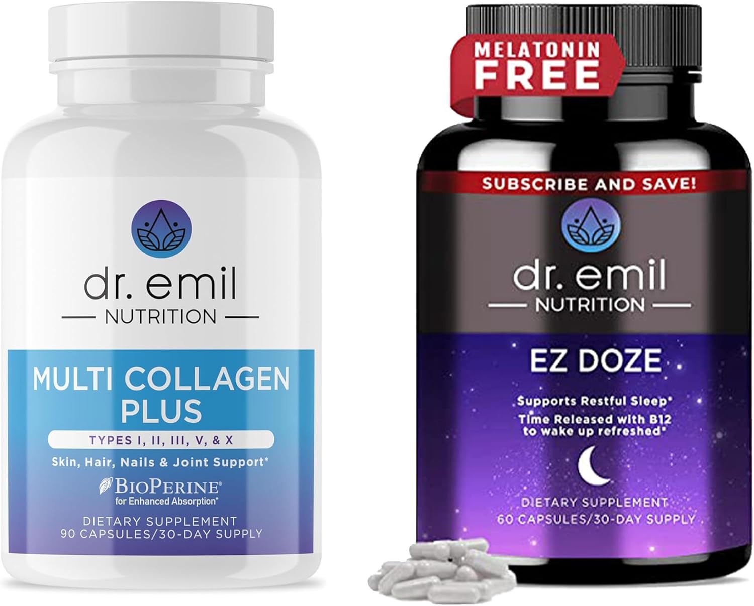 Dr. Emil Nutrition Multi Collagen Plus Sleep Bundle - Collagen Peptide Pills & Ez Doze Natural Sleep Aid With Valerian Root, Gaba & 5Htp