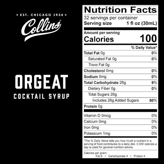 Collins Orgeat Syrup, Orgeat Simple Syrup, Real Sugar Cocktail Syrups, Soda Water Flavors, Cocktail Mixers, 32 Ounces, Set of 1