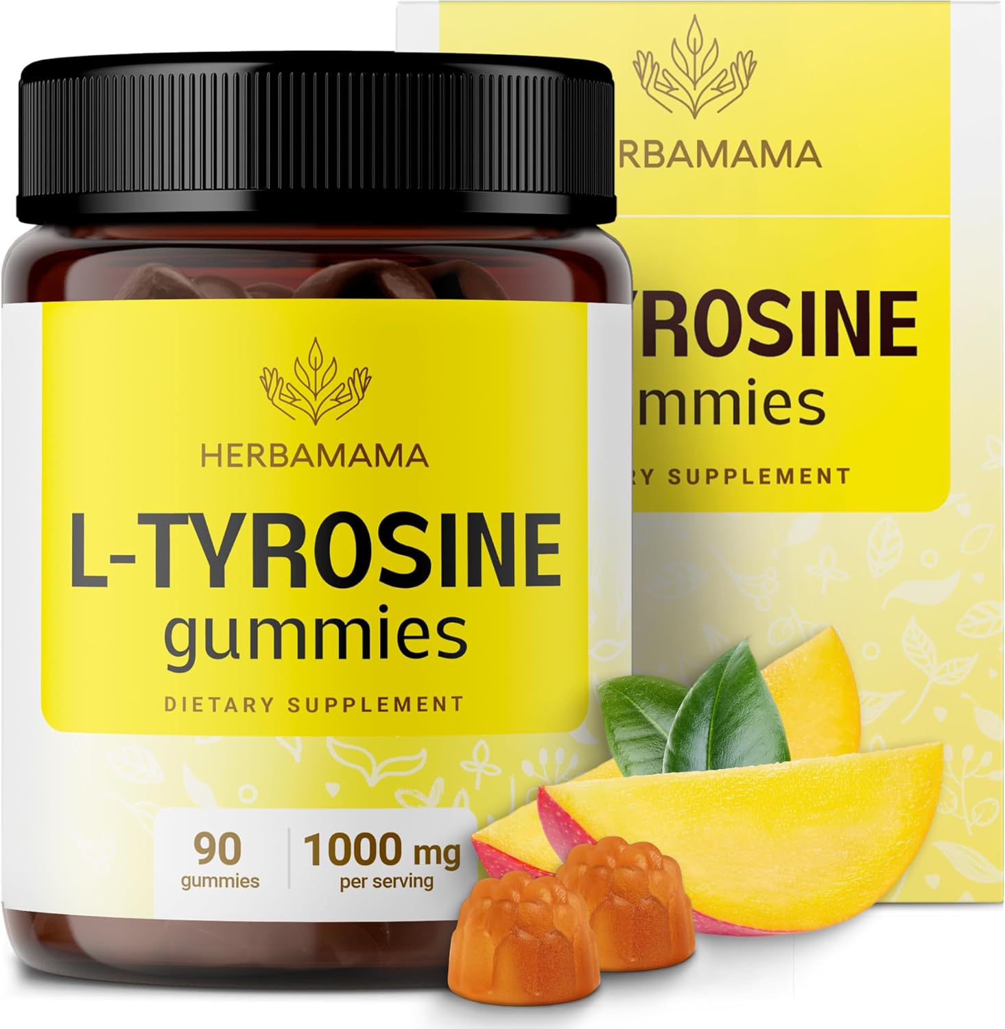 Herbamama L-Tyrosine Focus Gummies - 1000 Mg L-Tyrosine Brain Energy And Focus Supplement - Vegan, Gelatin-Free, Non-Gmo - 90 Mango-Flavored Brain Health Chews