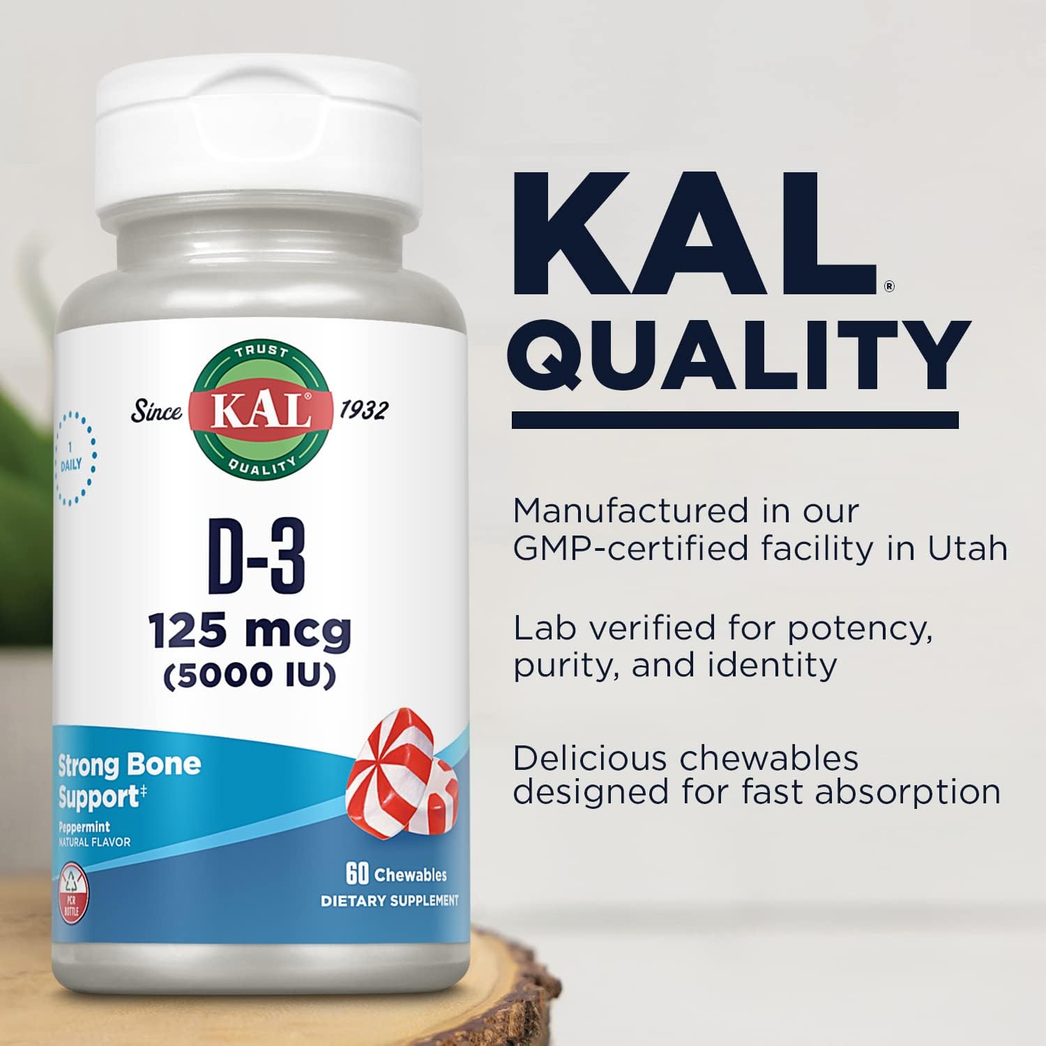 KAL Vitamin D3 5000 IU 125 mcg, High Potency Vitamin D Chewables, Calcium Absorption, Bone Health and Immune Support Supplement, Natural Peppermint Flavor, 60-Day Guarantee, 60 Servings, 60 Chews : Health & Household