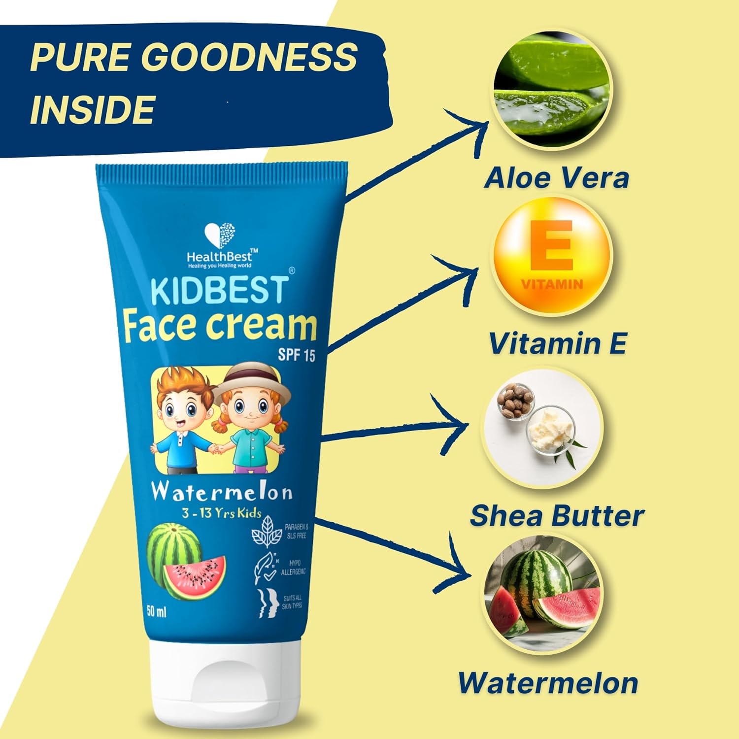Healthbest Kidbest Face Cream For Kids, Spf 15, Safe For Sensitive Skin & Unscetened, Tear, Paraben, Sls Free, Watermelon Flavor, 50Ml : Beauty & Personal Care