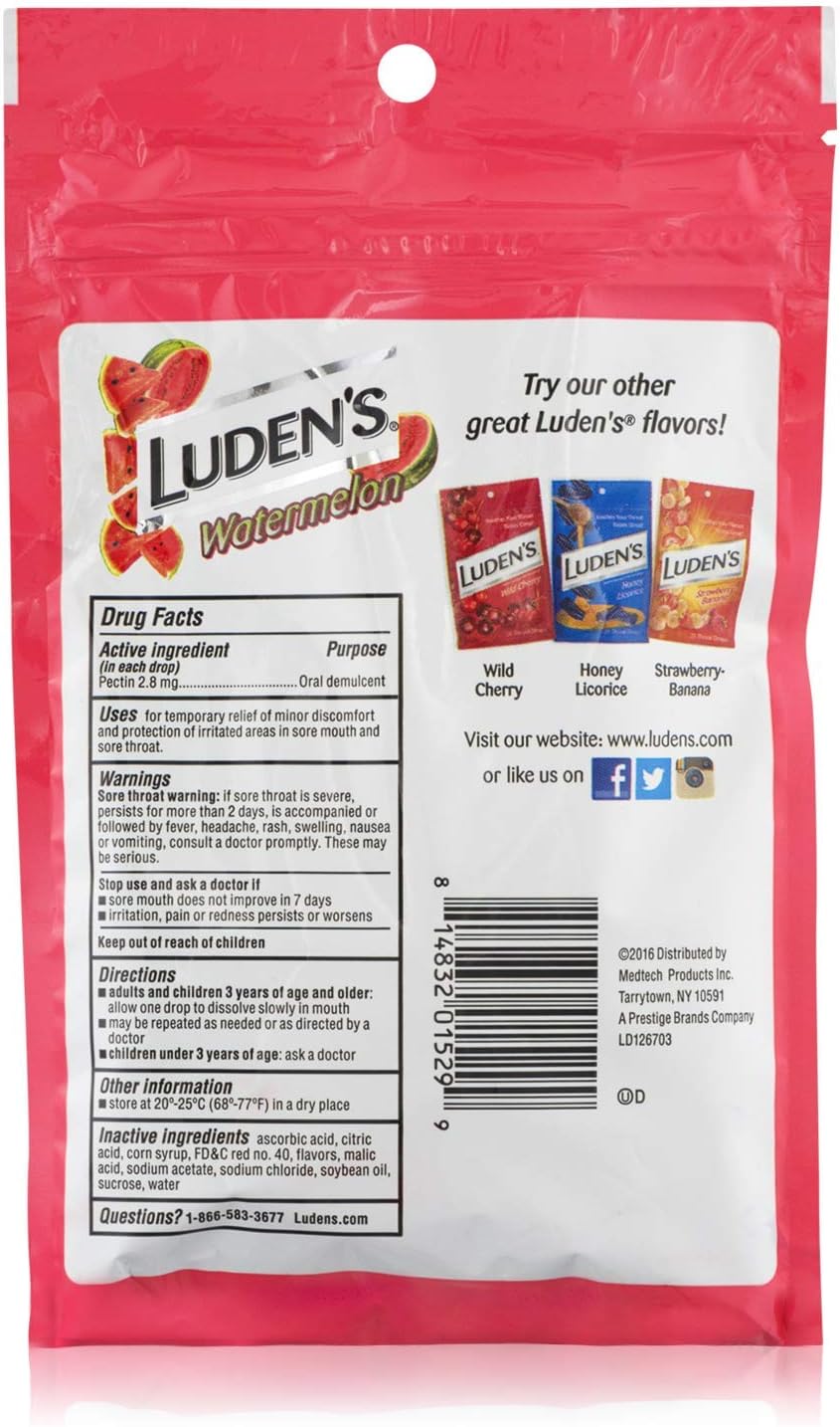 Luden's Watermelon Cough Throat Drops, Pectin Lozenge/Oral Demulcent, 25-Count Per Pack (3-Packs Total) : Health & Household