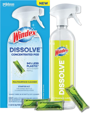 Windex Dissolve Concentrated Pods, Multisurface Cleaner Starter Kit Contains 1 Reusable Bottle, 3 Concentrated Dissolvable Pods