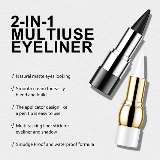 Kyda 2 Pcs White Gel Eyeliner, Smooth Cream Liner, Natural Matte Black Tinted Cream, Crayon Stick, Multiuse For Liner And Eyeshadow