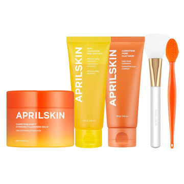 Aprilskin Pore-Fect Skincare Set: Carrotene Ipmp™ Hydromelt Cleansing Balm, Calendula Flower-Infused Facial Peel Off Mask, Carrotene Ipmp 3-Min Quick Dry Pore Caring Clay Mask With Brush