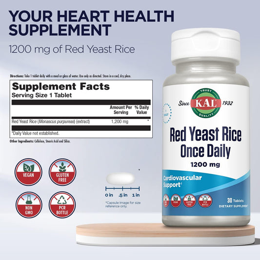 KAL Red Yeast Rice Once Daily 1200mg, Cardiovascular Support* Supplement with Naturally Occurring Unsaturated Fatty Acids, Amino Acids & Phytonutrients, Vegan, Gluten Free, 30 Servings, 30 Tablets