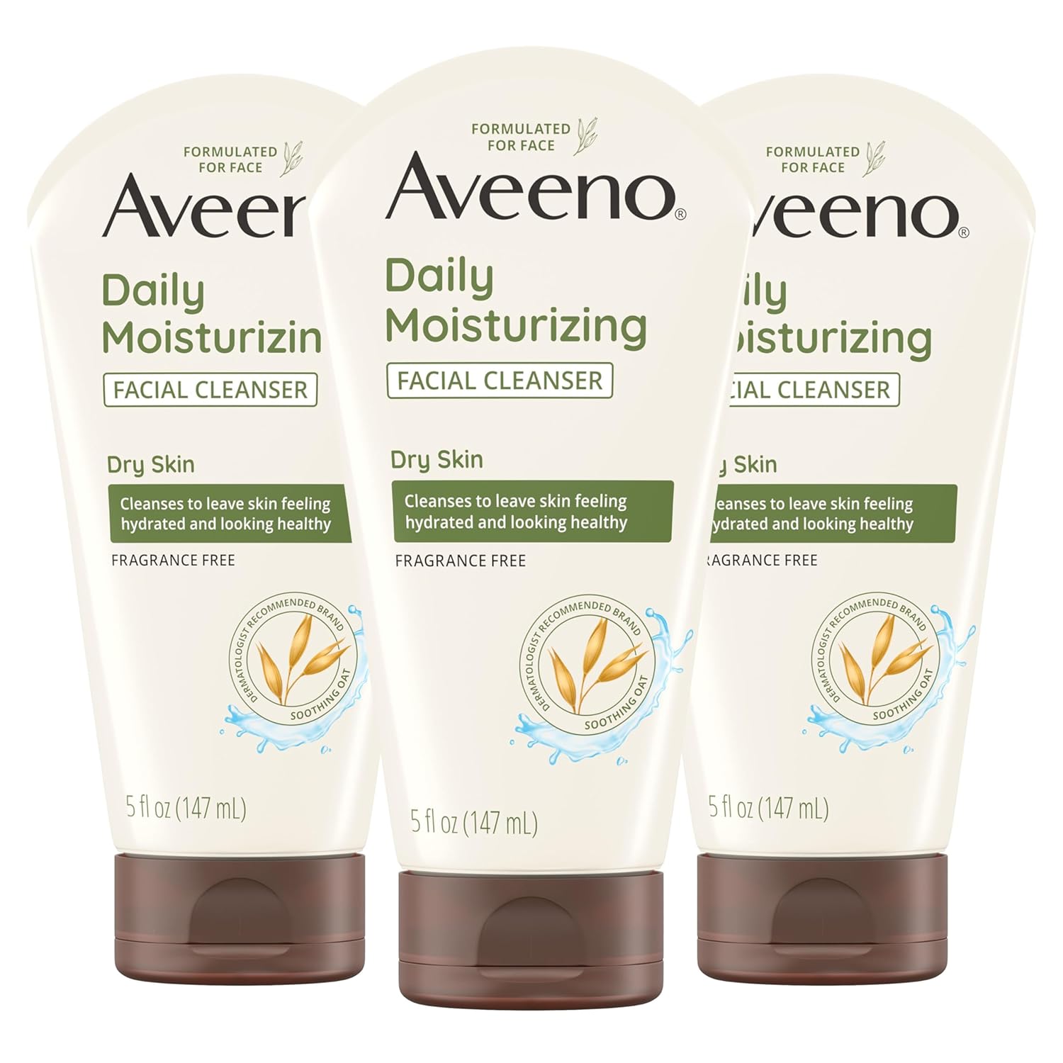 Aveeno Daily Moisturizing Facial Cleanser For Dry Skin, Hydrating Acne Face Wash With Soothing Oat For Soft & Supple Skin, Free Of Parabens, Sulfates, Fragrance, Dyes & Soaps, 5 Fl Oz (Pack Of 3)