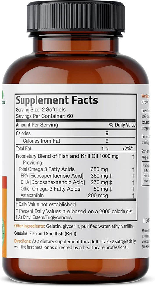 Futurebiotics Omega-3 Fish + Krill Oil 1000 Mg Omega-3 Epa/Dha & Astaxanthin - Non-Gmo, 120 Softgels (60 Servings)