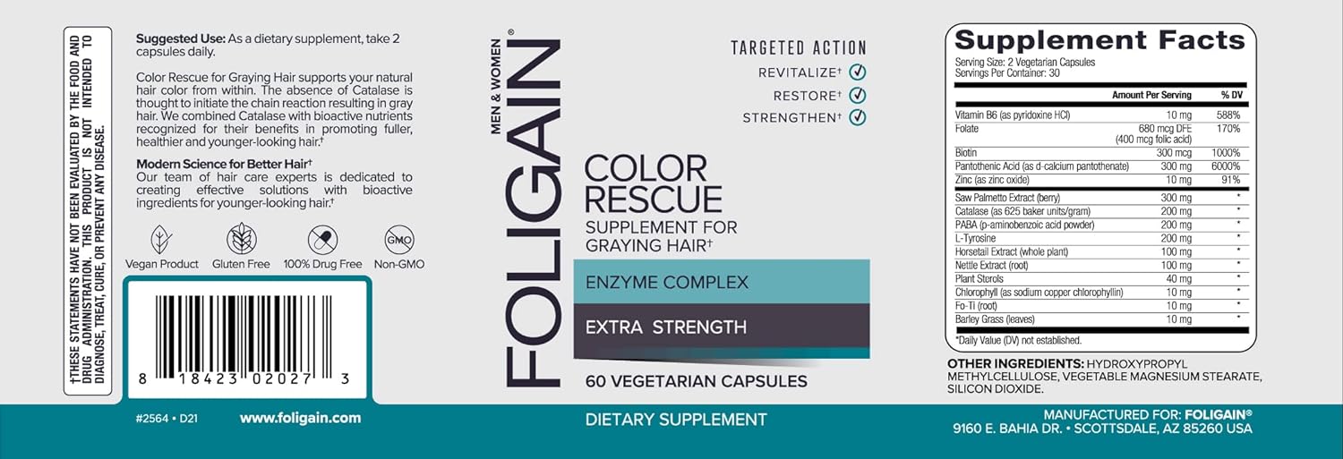 Foligain Color Rescue Supplement for Graying Hair, Healthy Hair Supplement, Biotin Supplement, 60 Count : Health & Household