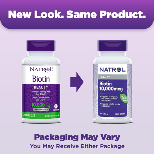 Natrol Beauty Biotin 10000mcg, Dietary Supplement for Healthy Hair, Skin, Nails and Energy Metabolism, 200 Tablets, 200 Day Supply