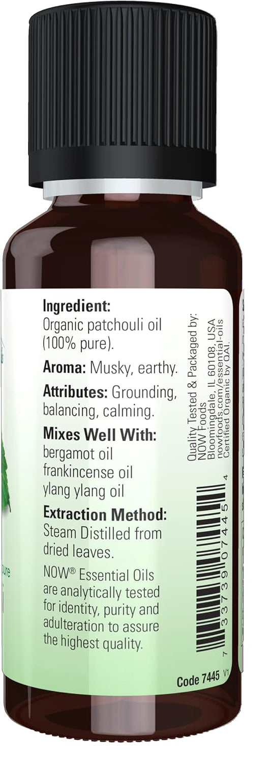 Now Essential Oils, Organic Patchouli Oil, Earthy Aromatherapy Scent, Steam Distilled, 100% Pure, Vegan, Child Resistant Cap, 1-Ounce