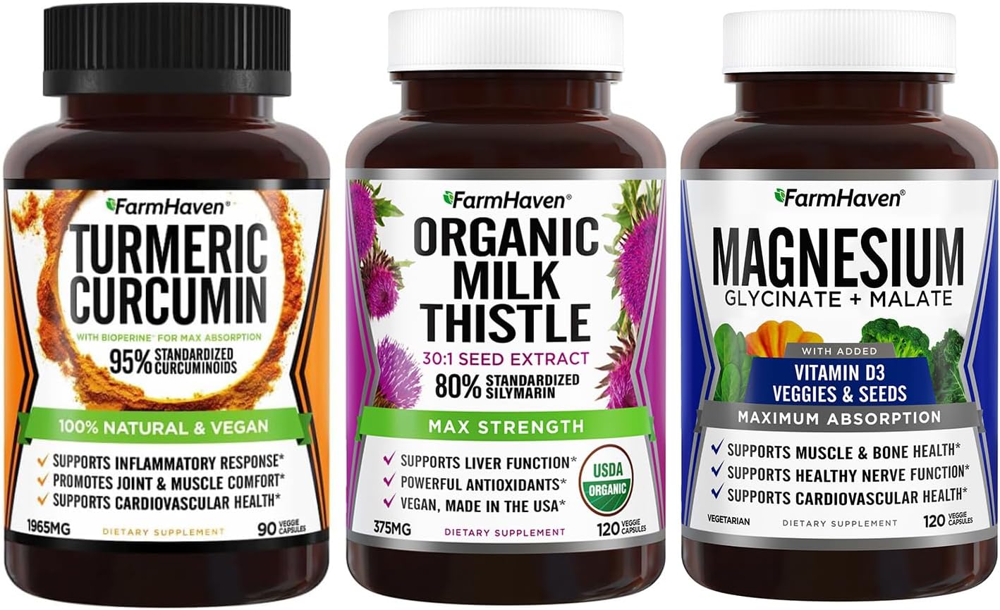 FarmHaven Milk Thistle Capsules + Turmeric Curcumin with BioPerine Black Pepper Magnesium Glycinate & Malate