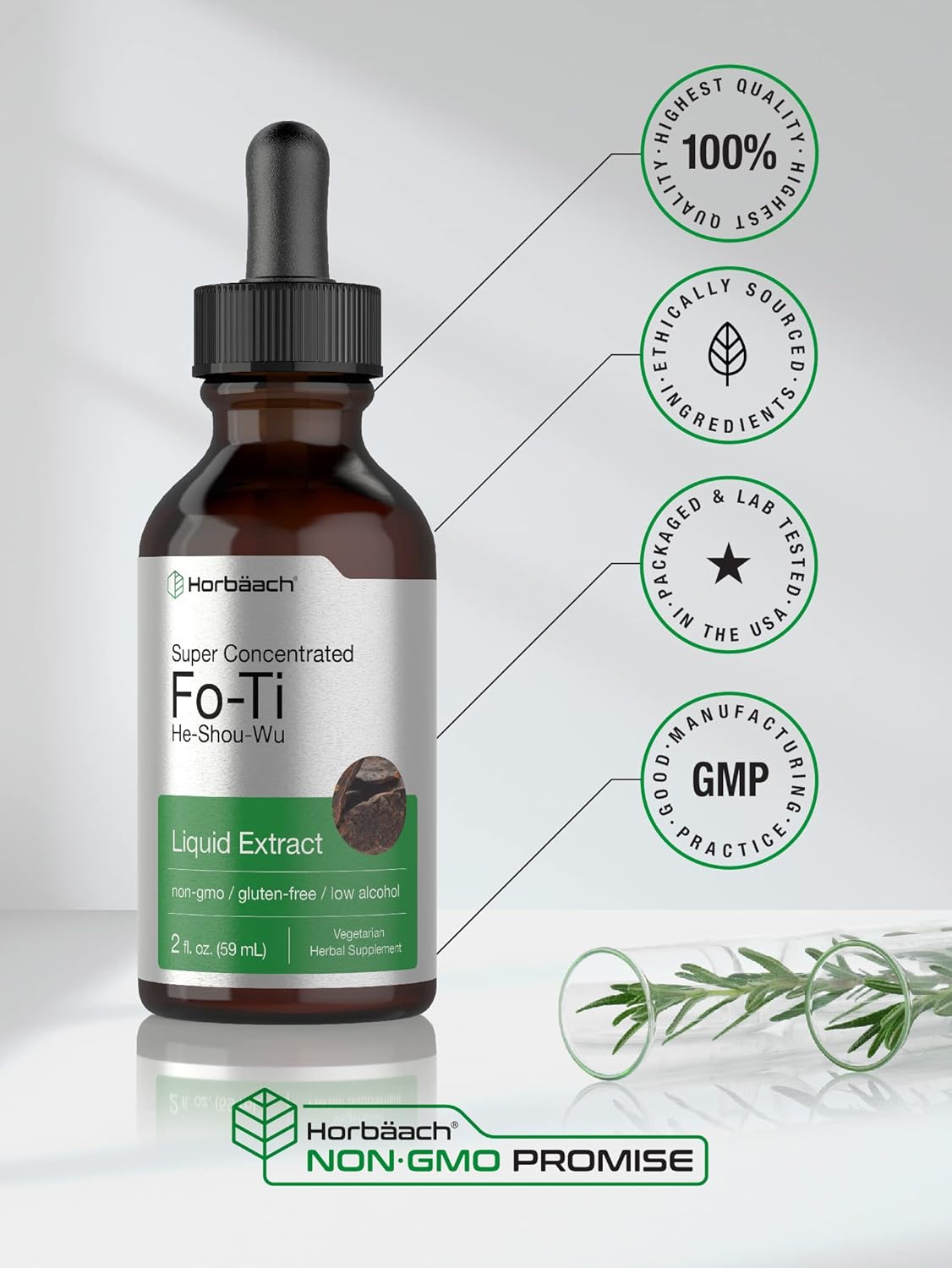 Horbäach FoTi Herb Liquid Root Extract | 2 fl oz | He Shou Wu | Super Concentrated | Vegetarian, Non-GMO, Gluten Free : Health & Household