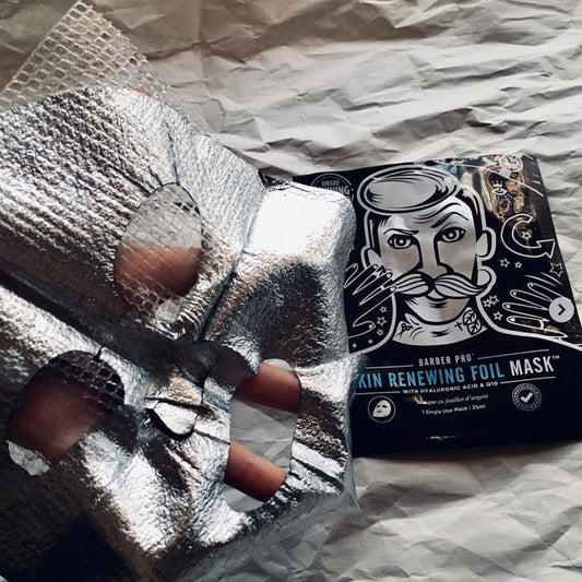 Barber Pro Skin Renewing Foil Face Mask Mens Skincare Self Warming Sheet Hydrating Anti-Aging Restorative Collagen Hyauronic Acid & Q10 Reduces Fine Lines & Wrinkles Multi Award Winning Brand