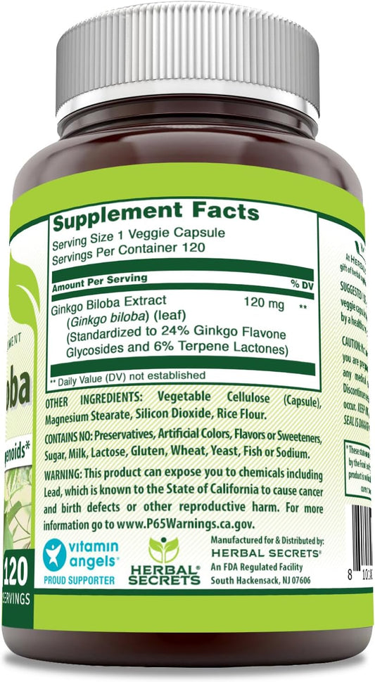 Herbal Secrets Ginkgo Biloba Supplement 120Mg 120 Capsules | Standardized To Contain 24% Ginkgo Flavone Glycosides | Non-Gmo | Gluten Free | Made In Usa