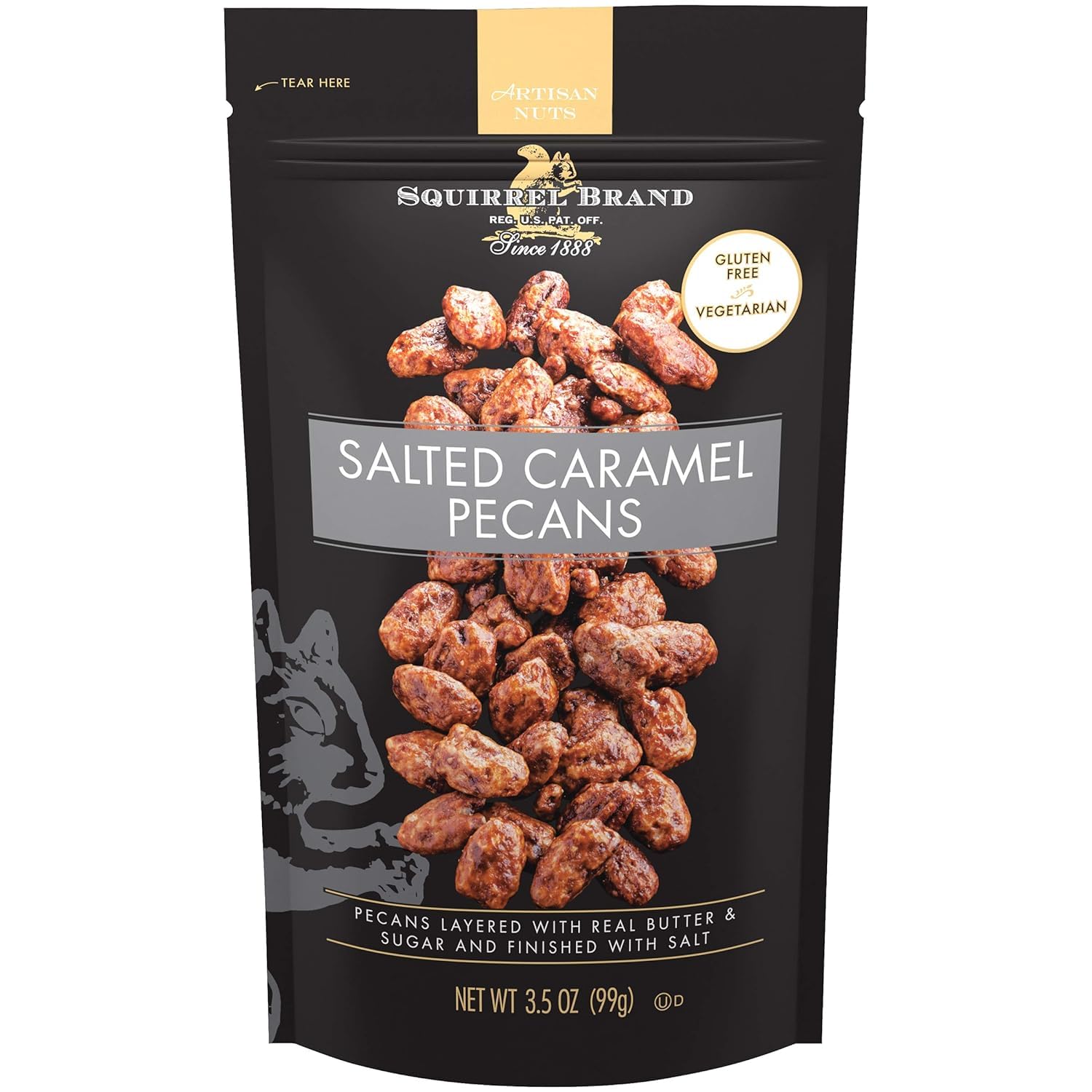 Squirrel Brand Salted Caramel Pecans. 3.5 Oz Resealable Bag, Gluten Free, Vegetarian