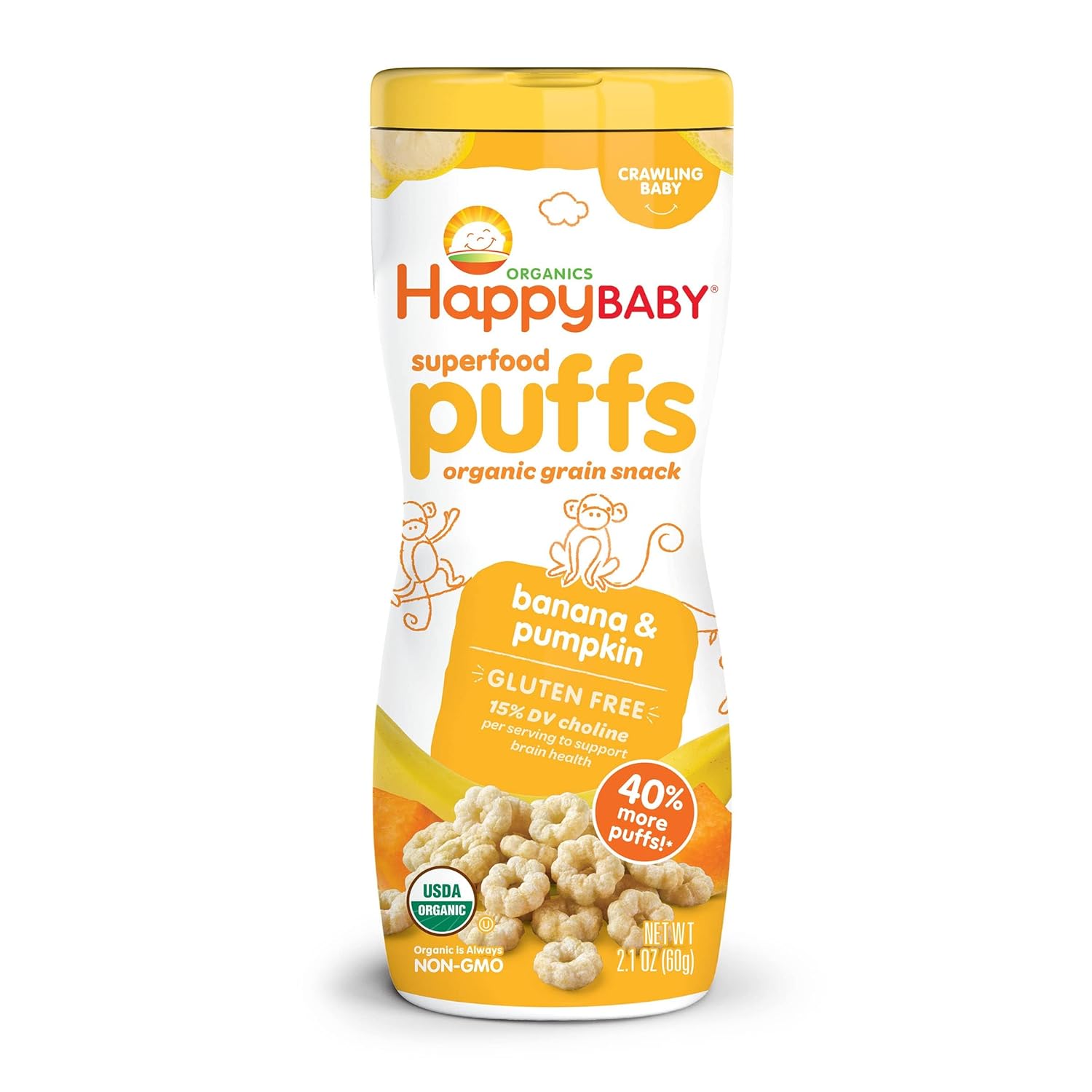 Happy Baby Organics Superfood Puffs, Banana & Pumpkin, Packaging may vary, 2.1 Oz, Pack of 6