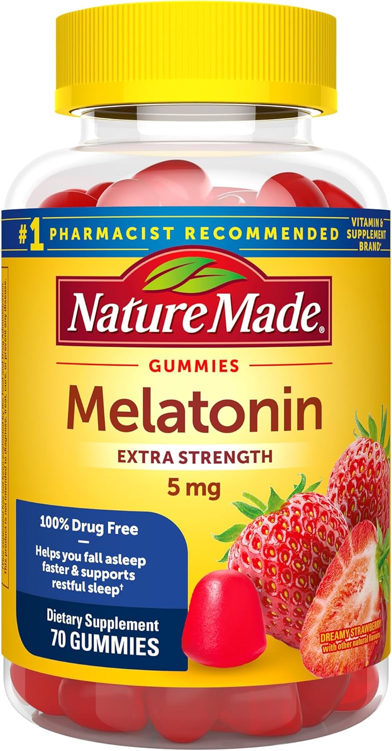Nature Made Melatonin 5Mg Extra Strength Gummies, 100% Drug Free Sleep Aid For Adults, 70 Melatonin Gummies, 70 Day Supply