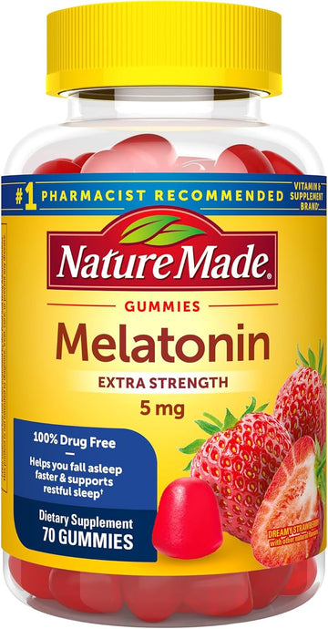 Nature Made Melatonin 5Mg Extra Strength Gummies, 100% Drug Free Sleep Aid For Adults, 70 Melatonin Gummies, 70 Day Supply