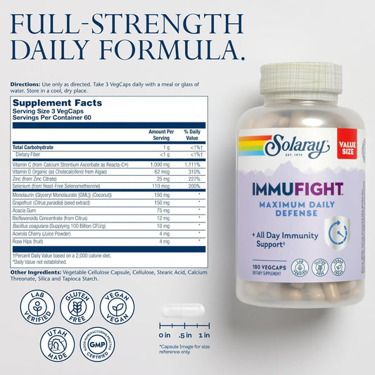 Solaray Immufight Maximum Daily Defense, All Day Immune Support, Vitamin C, Vitamin D, Zinc, Probiotics, Monolaurin, Acerola & More, Vegan & Gluten Free, 60 Day Guarantee (180 Ct, 60 Serv)