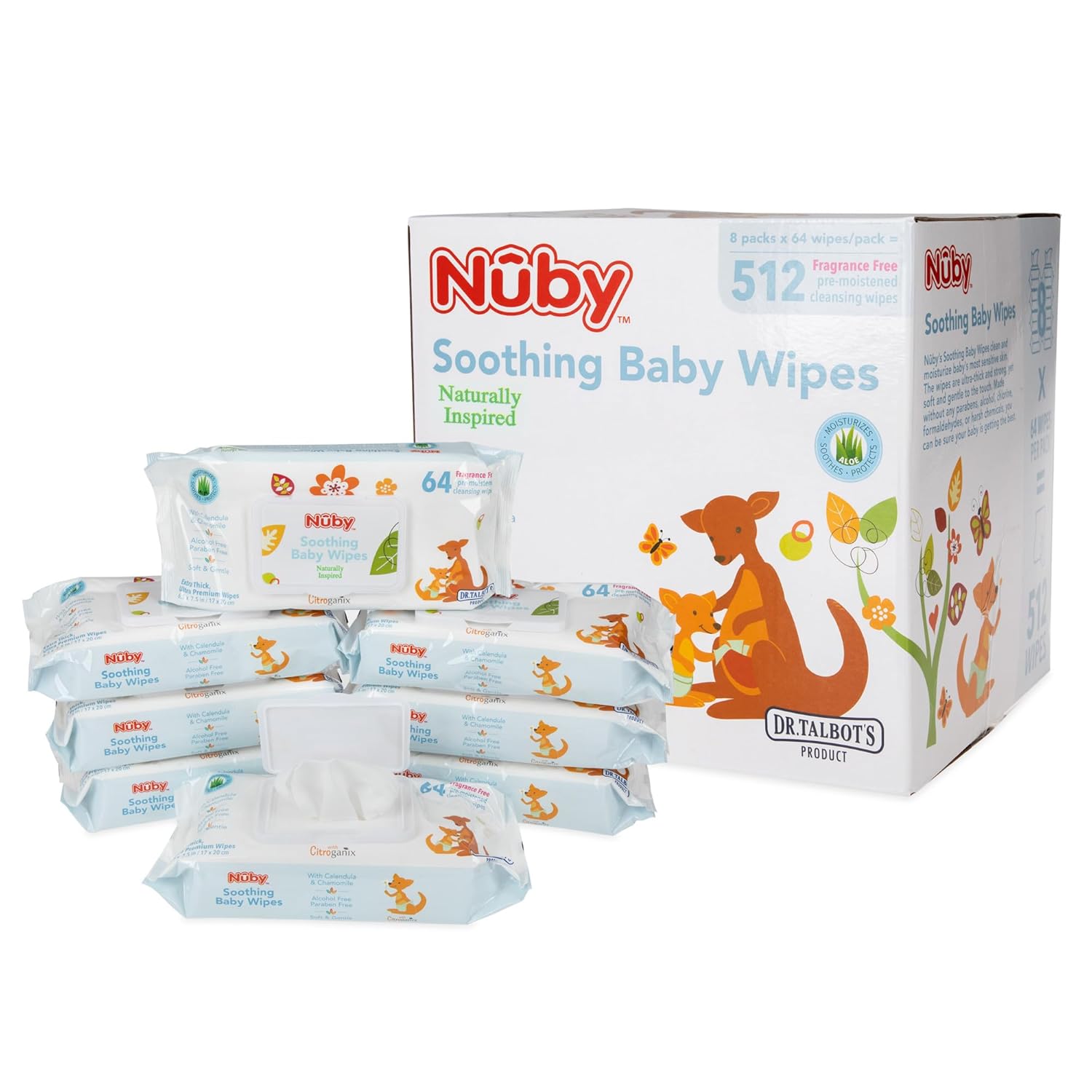 Nuby'S Soothing Ultra Premium Baby Wipes Naturally Inspired With Chamomile, Aloe, And Citroganix, Fragrance Free, Extra Thick, 512 Count