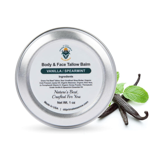 Dr. Dave'S Primal Essence Grass Fed Beef Tallow Balm For Face And Body With Shea Butter, Organic Jojoba Oil, Honey, And Beeswax – Beef Tallow For Skin – Vanilla And Spearmint – 1 Oz