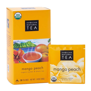 Hawaiian Natural Tea Mango Peach Flavored Organic Tea - Tropical Fruit Green Tea Blend With Black Tea - Perfect Daily Cup & Gift For Tea Lovers - 20 Tea Bags