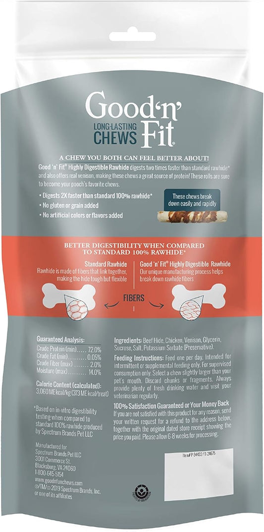 Good ’N’ Fit Large Rolls Made With Real Venison, 2 Count, Highly Digestible Rawhide For Dogs, Multicolor, Model Number: P-94432
