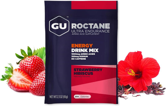 Gu Energy Roctane Ultra Endurance Energy Drink Mix, Vegan, Gluten-Free, Kosher, Caffeine- Free, And Dairy-Free N-The-Go Energy For Any Workout, 10 Single Serve Travel Size Packets, Strawberry Hibiscus