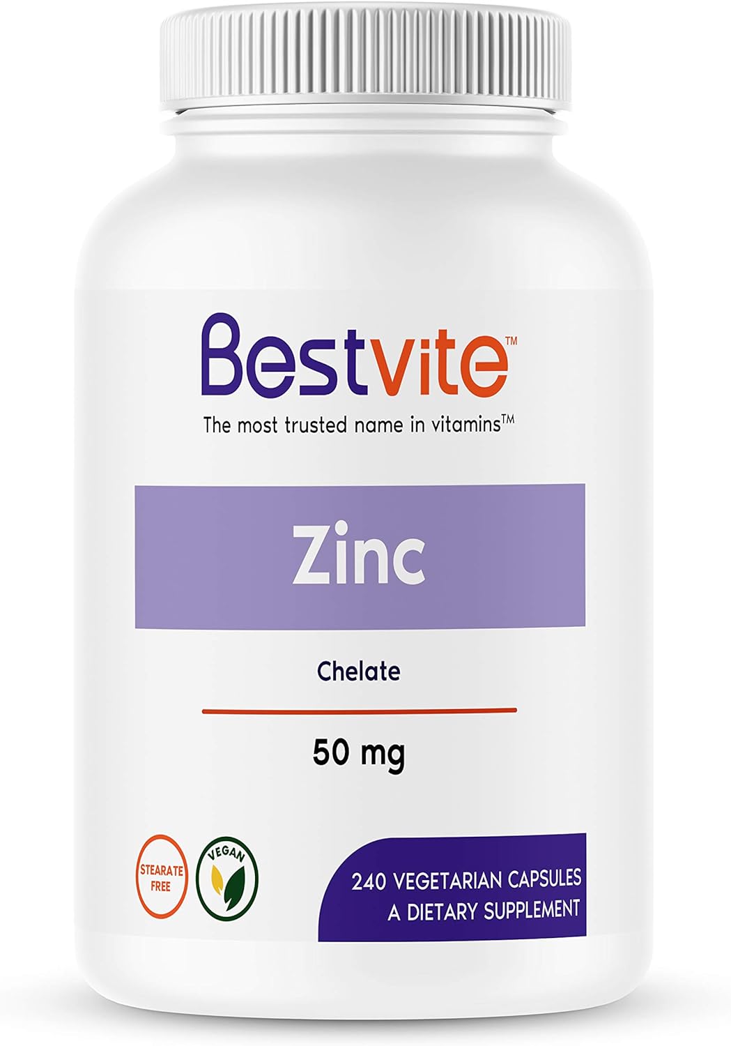 BESTVITE Zinc Chelate 50mg (240 Vegetarian Capsules) - No Stearates -