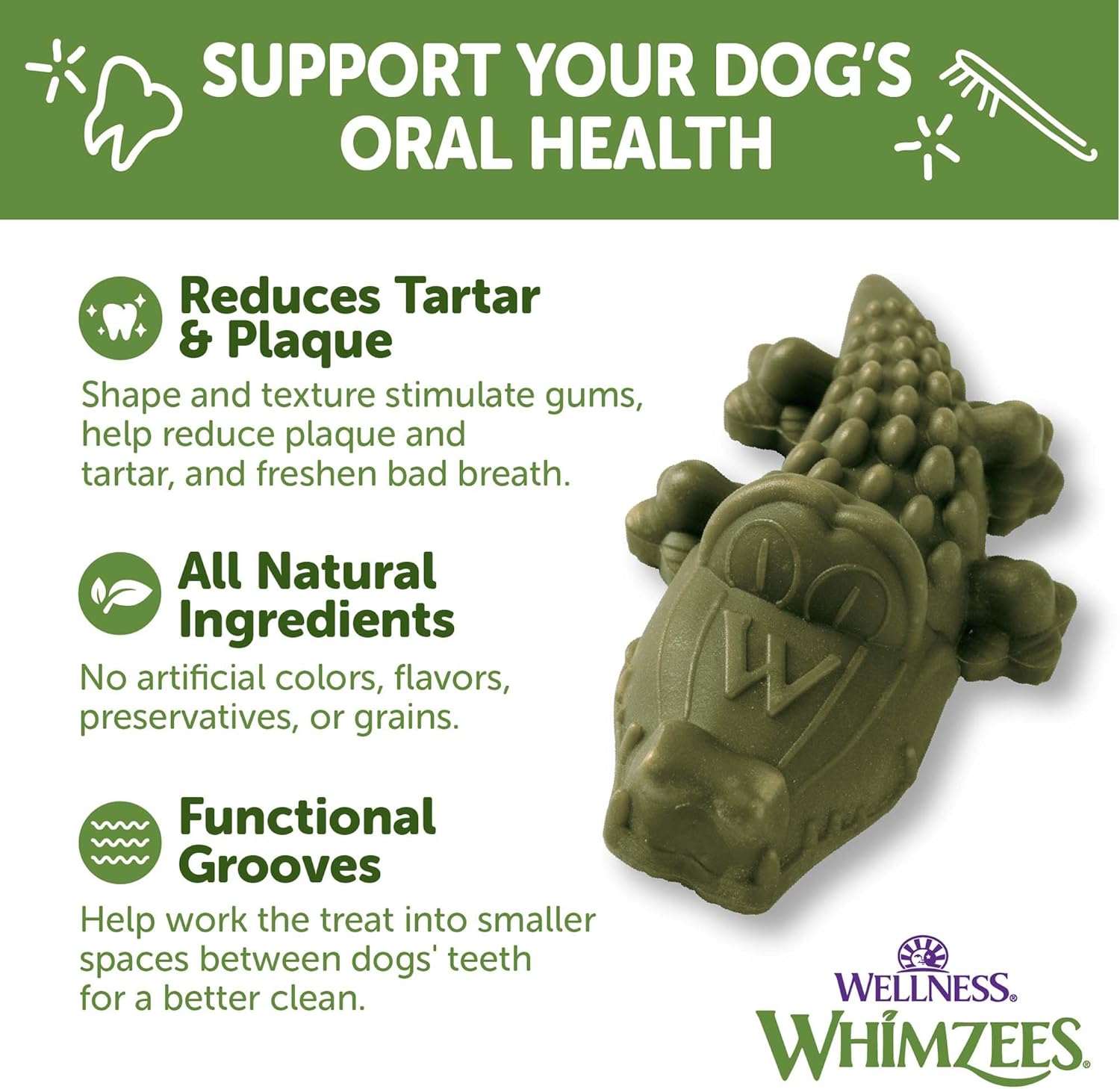 WHIMZEES by Wellness Alligator Natural Dental Chews for Dogs, Long Lasting Treats, Grain-Free, Freshens Breath, Medium Breed, 12 Count : Pet Supplies