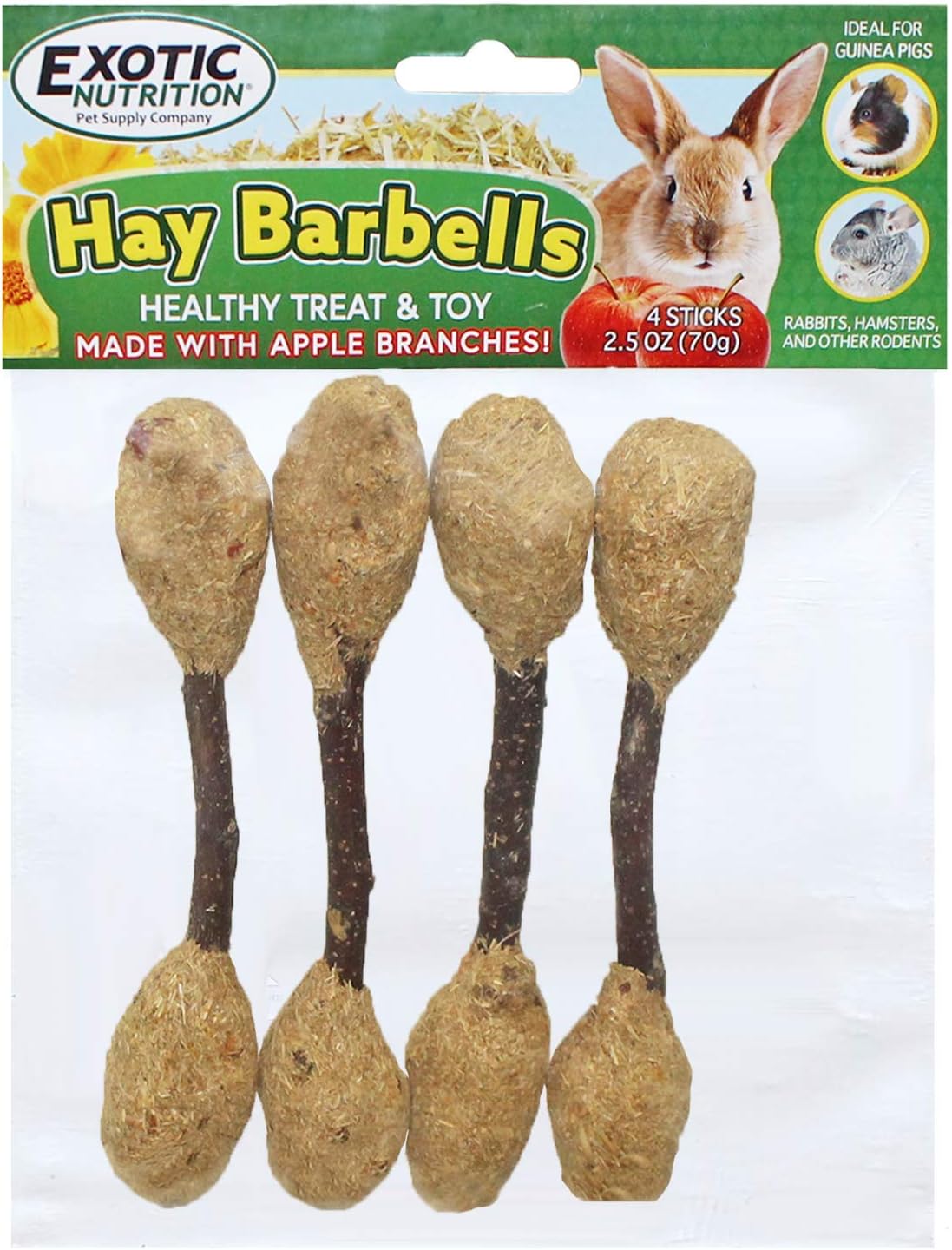 Hay Barbells - Healthy Natural Chew Treat - Oat Hay, Rose Hips, Calendula Flowers, Apple Branches - Rabbits, Guinea Pigs, Chinchillas, Degus, Hamsters, Rats, Squirrels & Other Small Pets