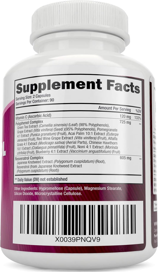 Purely Holistic Resveratrol 1450Mg, 90 Servings, Trans-Resveratrol Antioxidant Supplement With Vitamin C And Polyphenol Complex, 180 Vegan Capsules