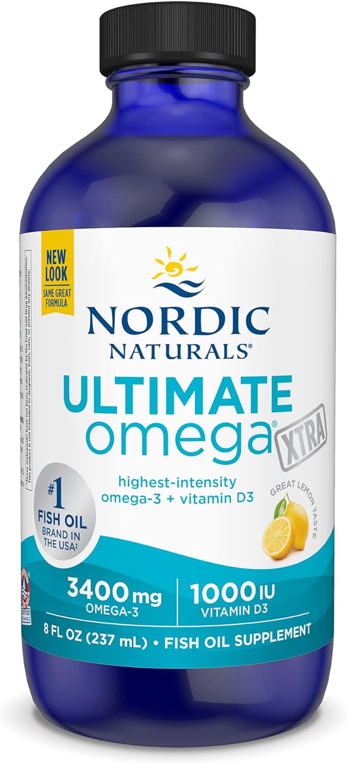 Nordic Naturals Ultimate Omega Xtra Liquid, Lemon Flavor - 8 oz - 3400 mg Omega-3 + 1000 IU Vitamin D3 - Omega-3 Fish Oil - EPA & DHA - Brain, Heart, Joint, & Immune Health - Non-GMO - 48 Servings