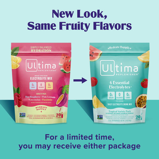 Ultima Replenisher Daily Electrolyte Drink Mix – Tropical Variety & 5-Flavor Variety, 20 Stickpacks – Hydration Packets With 6 Electrolytes & Minerals – Keto, Non-Gmo & Sugar-Free Electrolyte Powder