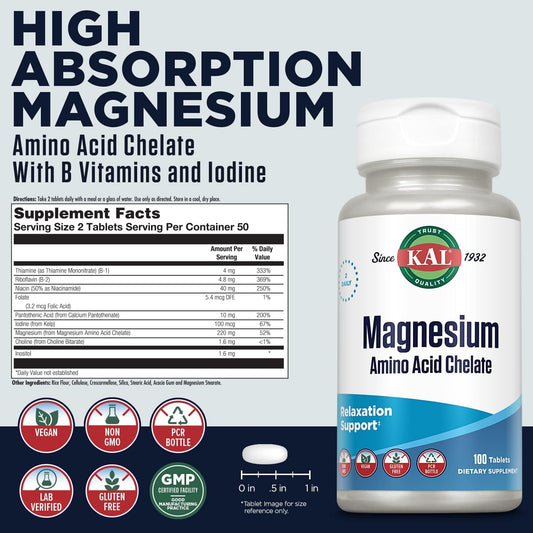 Kal 220 Mg Magnesium Chelated Tablets, 100 Count