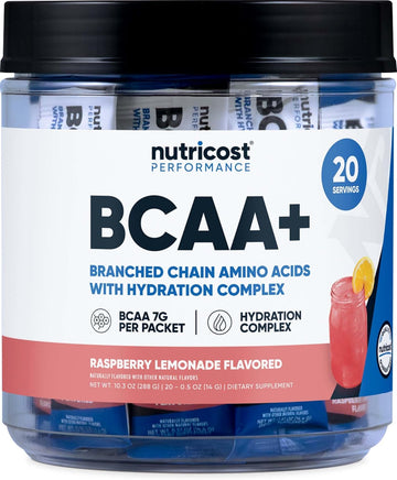 Nutricost BCAA+ Hydration Raspberry Lemonade (20 Stickpacks) - Branched Chain Amino Acids with Hydration Complex - Gluten-Free, Non-GMO