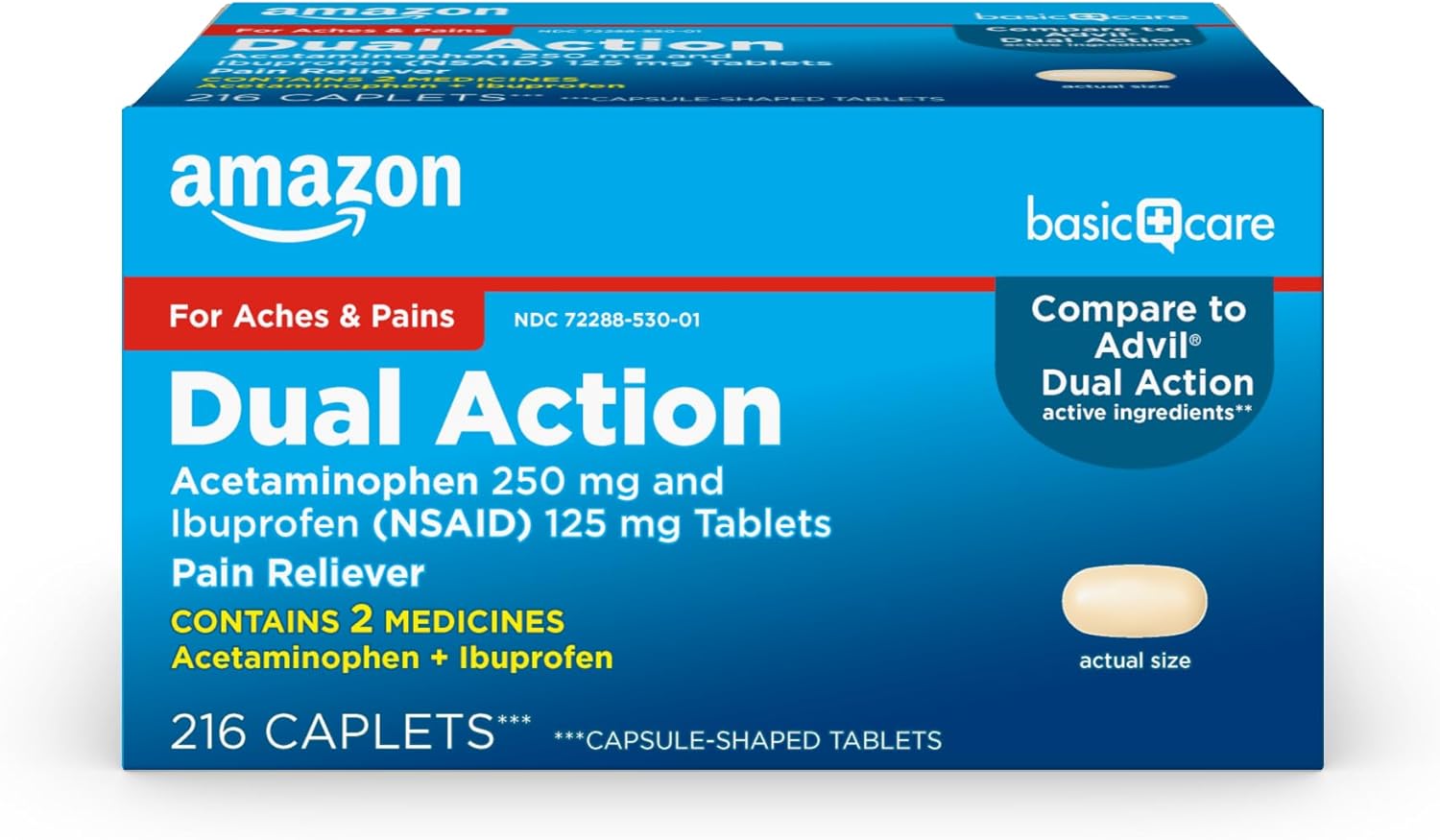 Amazon Basic Care Dual Action Acetaminophen 250 Mg And Ibuprofen (Nsaid) 125 Mg Tablets, 216 Count