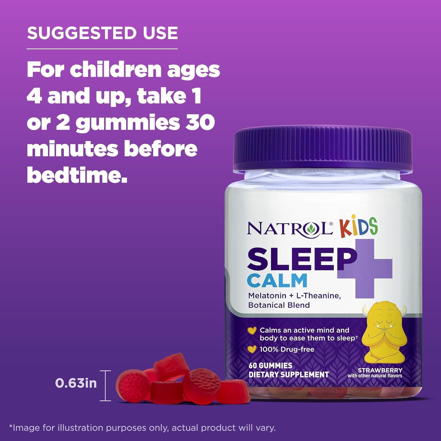 Natrol Kids Sleep+ Calm, Melatonin And L-Theanine, Sleep Aid Gummies With Botancial Blends, 100% Drug-Free, 60 Count (Pack Of 2)