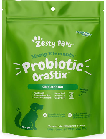 Zesty Paws Orastix For Dogs - Probiotic Sticks With Hemp Seed Curcumin Ginger Root Taurine - Supports Gut Function Flora Immune System Proprietary Healthy Teeth Gum Blend - 25Oz